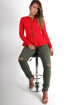 Rebellious Fashion Clara Khaki Ripped Knee Jeans