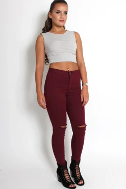 Rebellious Fashion Clara Wine Ripped Knee Jeans