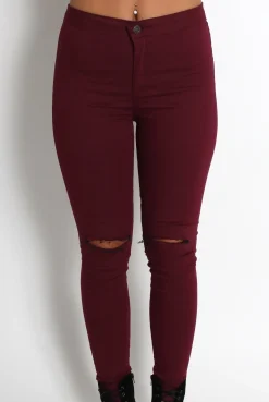 Rebellious Fashion Clara Wine Ripped Knee Jeans