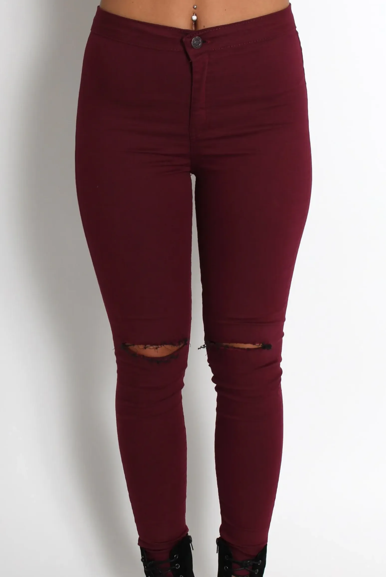 Rebellious Fashion Clara Wine Ripped Knee Jeans