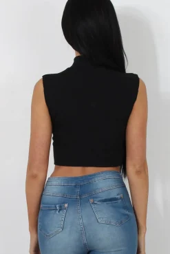 Rebellious Fashion Claron Black Ribbed High Neck Crop Top
