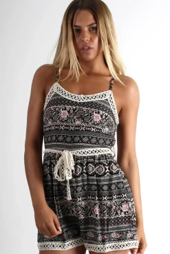 Rebellious Fashion Claudia Black Paisley Lace Trim Playsuit