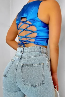 Rebellious Fashion Cobalt Blue Satin Lace Up Back Crop Top - Esti
