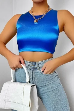 Rebellious Fashion Cobalt Blue Satin Lace Up Back Crop Top - Esti