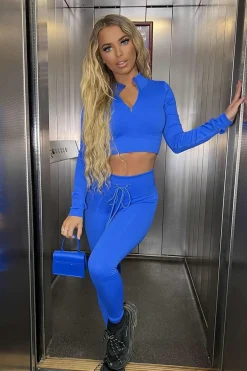 Rebellious Fashion Cobalt Blue Seamless Zip Crop Top & Leggings Set - Hendri