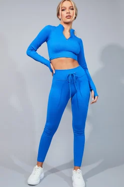 Rebellious Fashion Cobalt Blue Seamless Zip Crop Top & Leggings Set - Hendri