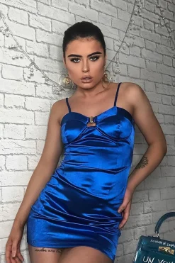 Rebellious Fashion Cobalt Satin Clasp Front Cup Mini Dress - Teana