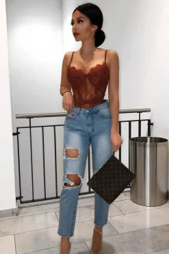 Rebellious Fashion Coffee Lace Flower Bodysuit - Faylen