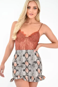 Rebellious Fashion Coffee Lace Flower Bodysuit - Faylen
