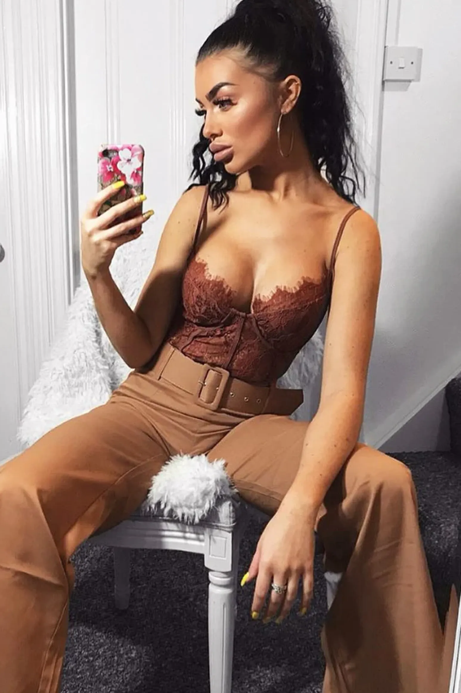 Rebellious Fashion Coffee Lace Flower Bodysuit - Faylen