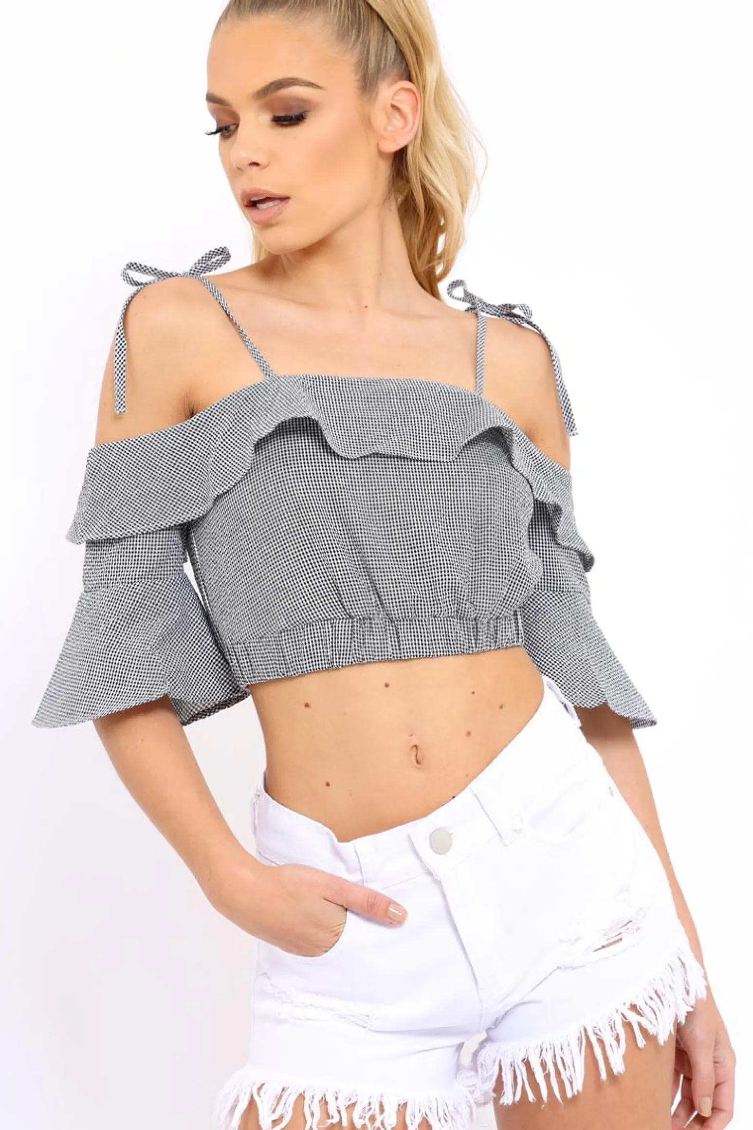 Rebellious Fashion Cold Shoulder Frill Gingham Crop Top - MaryLou