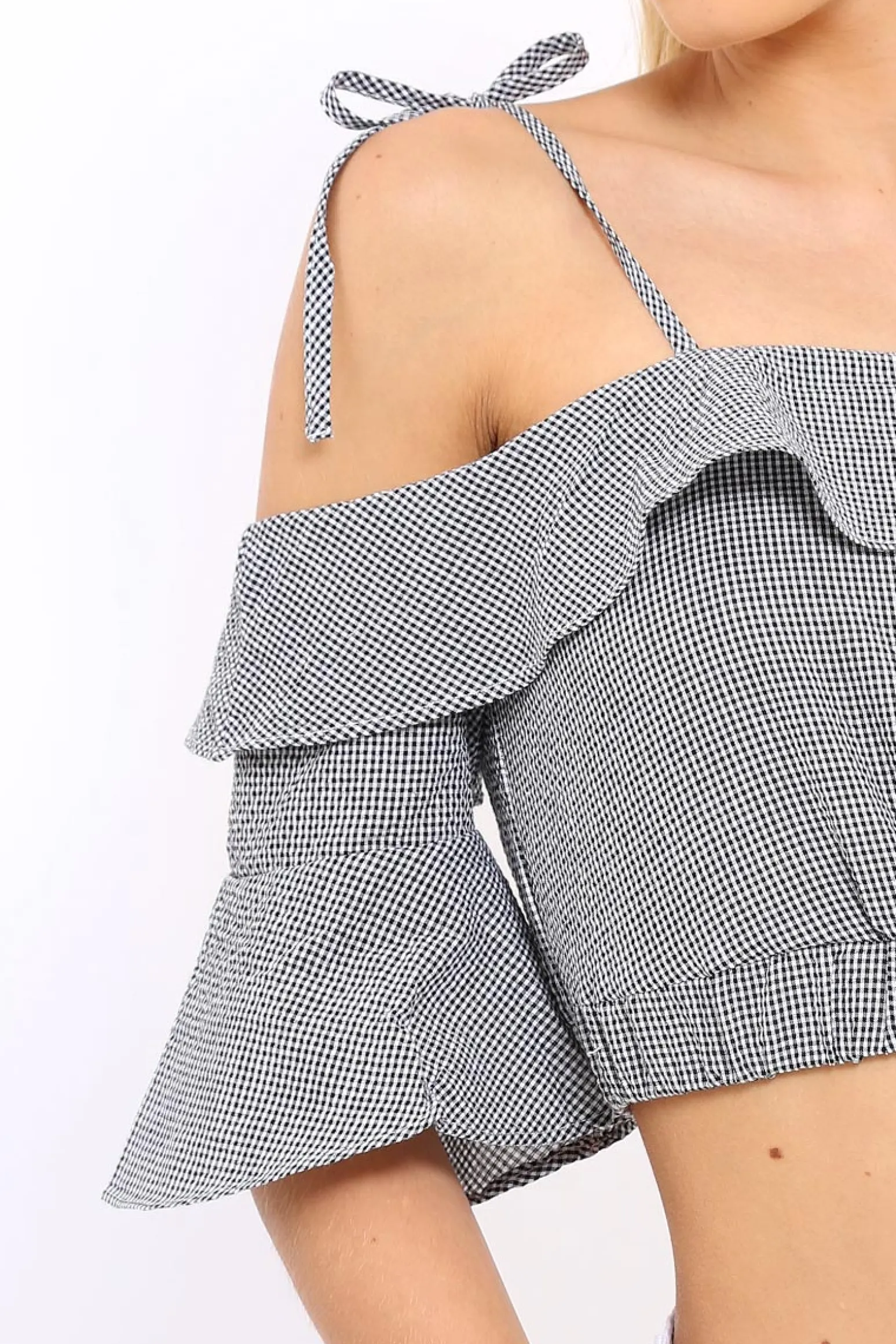 Rebellious Fashion Cold Shoulder Frill Gingham Crop Top - MaryLou