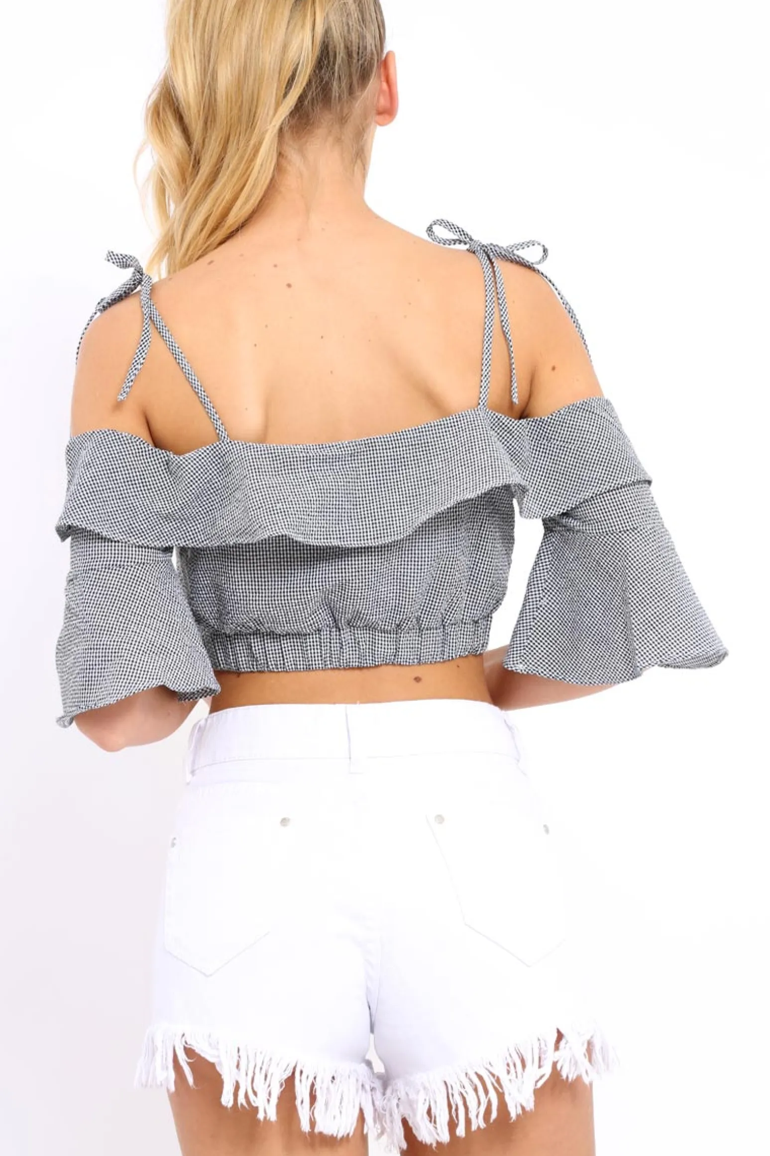 Rebellious Fashion Cold Shoulder Frill Gingham Crop Top - MaryLou