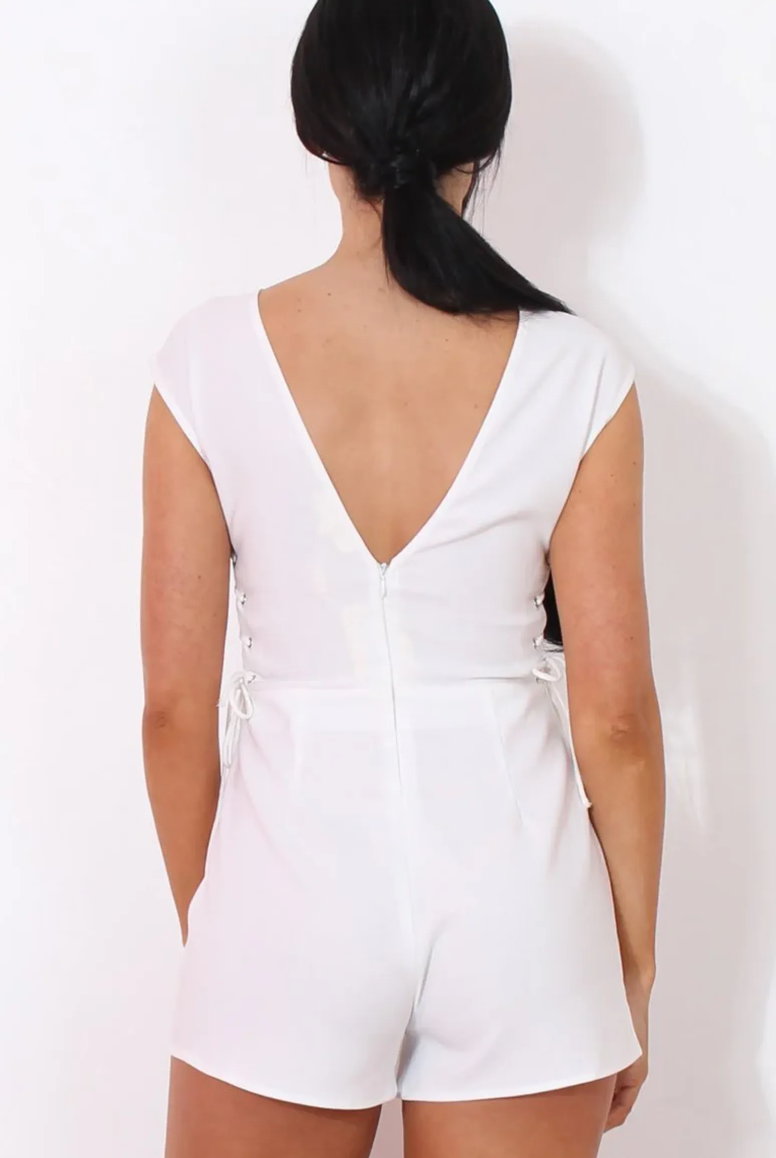 Rebellious Fashion Collate White Tie Up V Back Playsuit