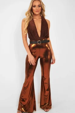 Rebellious Fashion Copper Black Plunge Cross Back Bodysuit - Jolina