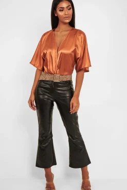 Rebellious Fashion Copper Plunge Satin Bodysuit - Caelynn