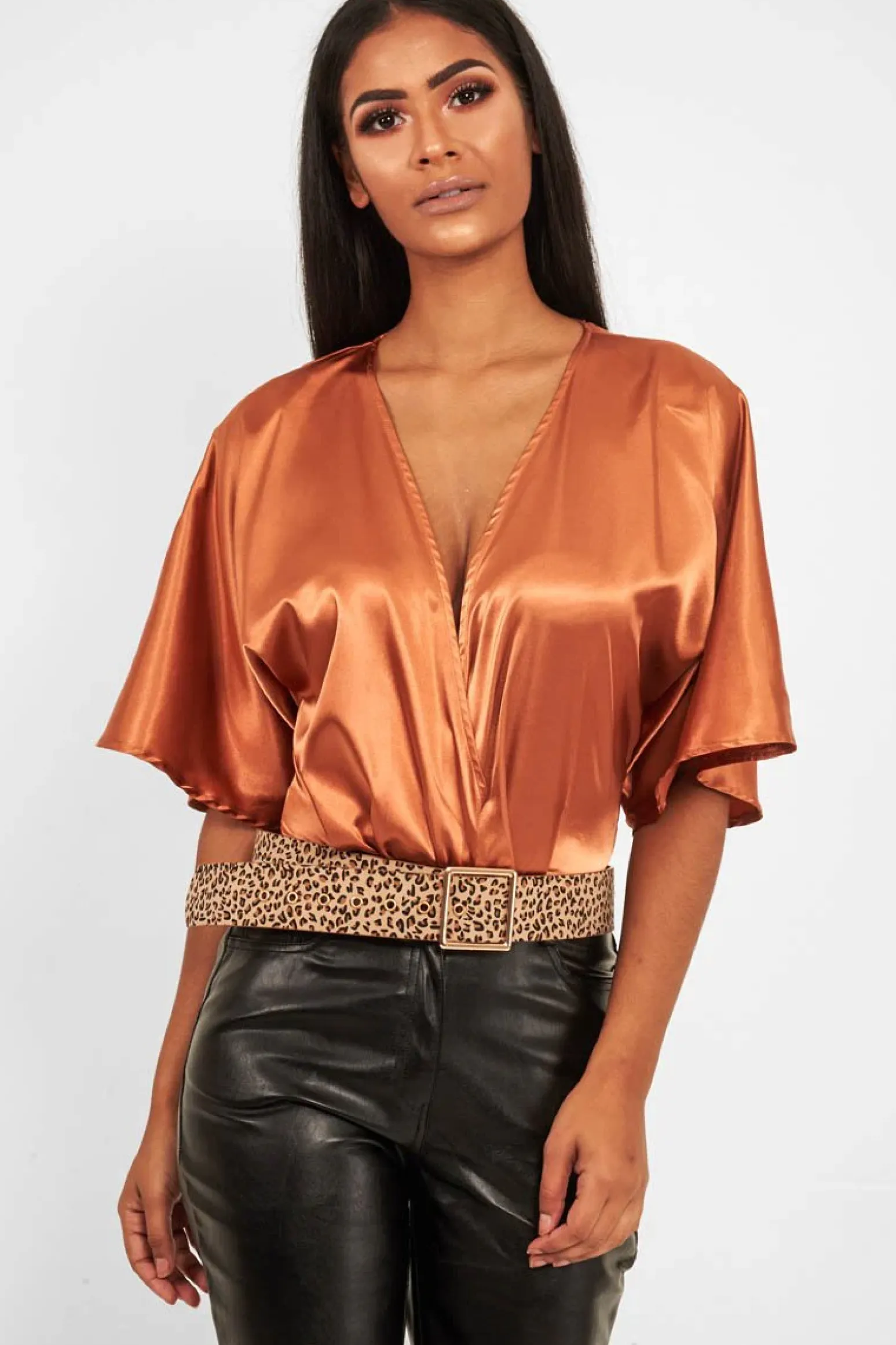 Rebellious Fashion Copper Plunge Satin Bodysuit - Caelynn