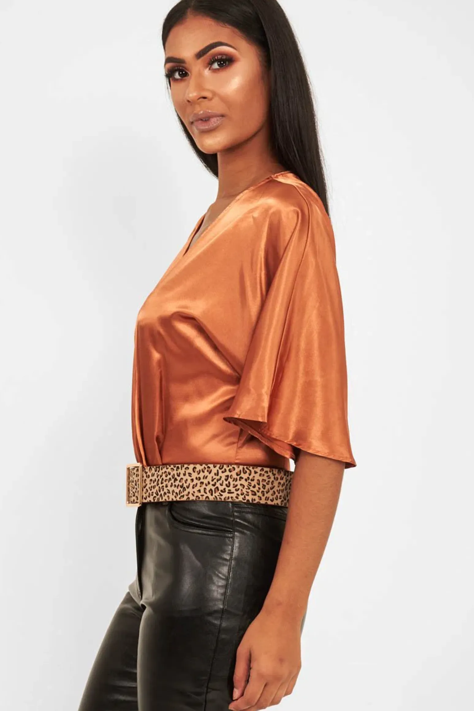 Rebellious Fashion Copper Plunge Satin Bodysuit - Caelynn