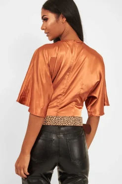 Rebellious Fashion Copper Plunge Satin Bodysuit - Caelynn