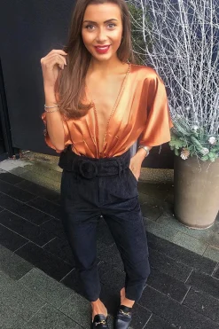 Rebellious Fashion Copper Plunge Satin Bodysuit - Caelynn