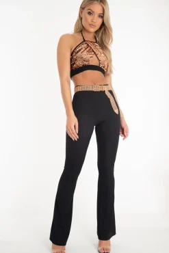 Rebellious Fashion Copper Sequin Halter Neck Split Front Crop Top - Reese