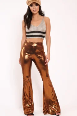 Rebellious Fashion Copper Shiny Metallic High Waist Kick Flare Trousers - Islee