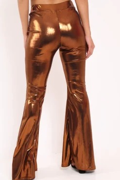 Rebellious Fashion Copper Shiny Metallic High Waist Kick Flare Trousers - Islee