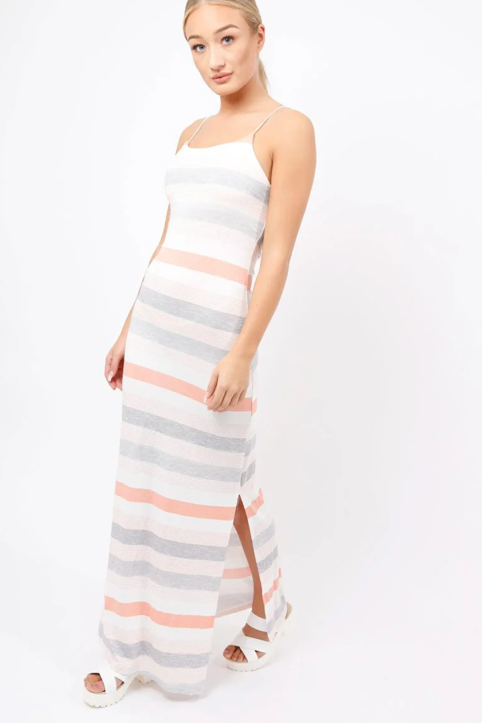 Rebellious Fashion Coral & Grey Striped Maxi Dress - Kiah