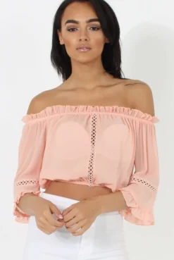 Rebellious Fashion Coral Bardot Crochet Detail Crop- Bernie