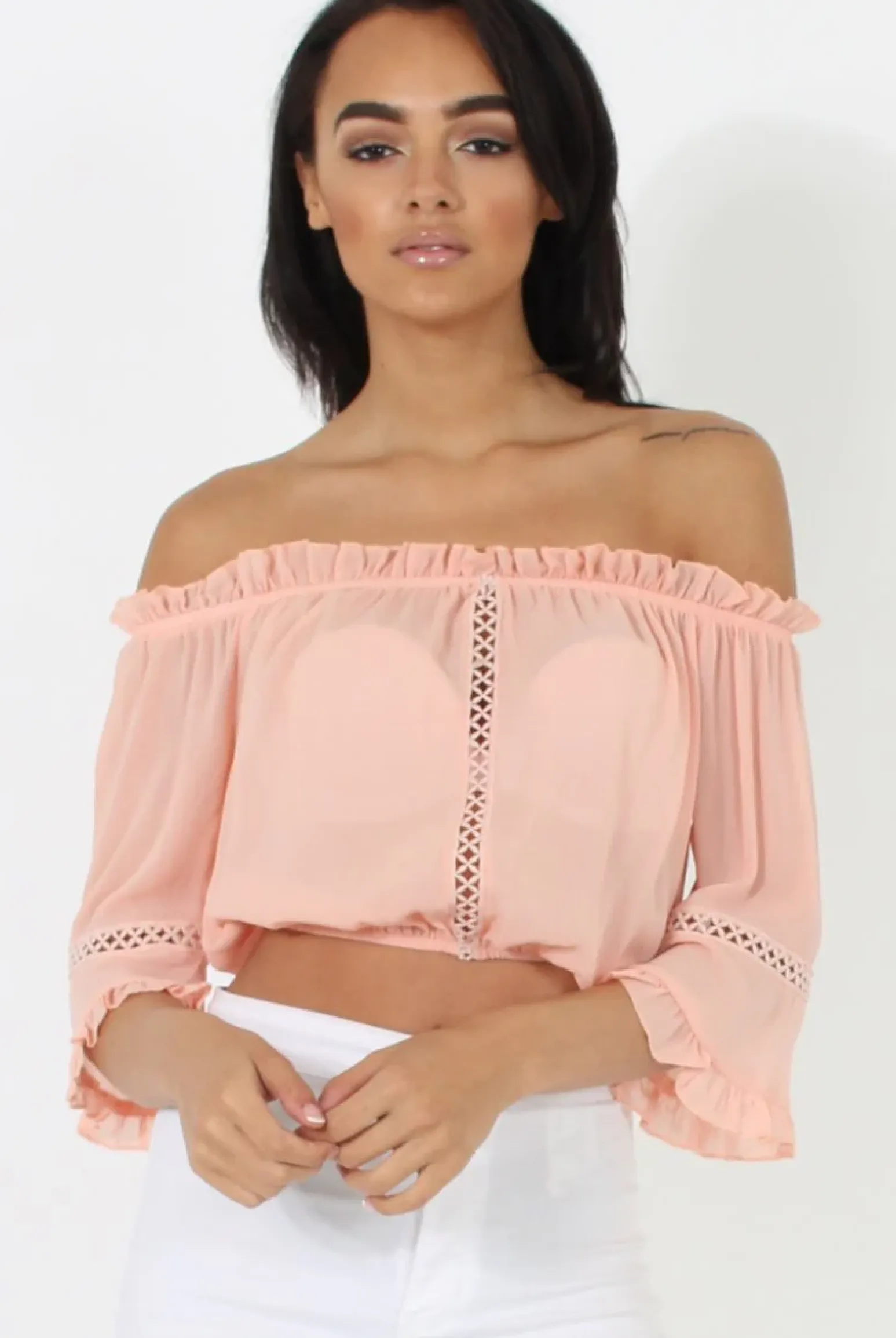 Rebellious Fashion Coral Bardot Crochet Detail Crop- Bernie