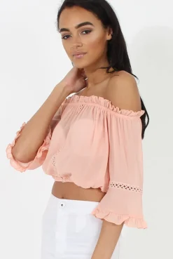Rebellious Fashion Coral Bardot Crochet Detail Crop- Bernie