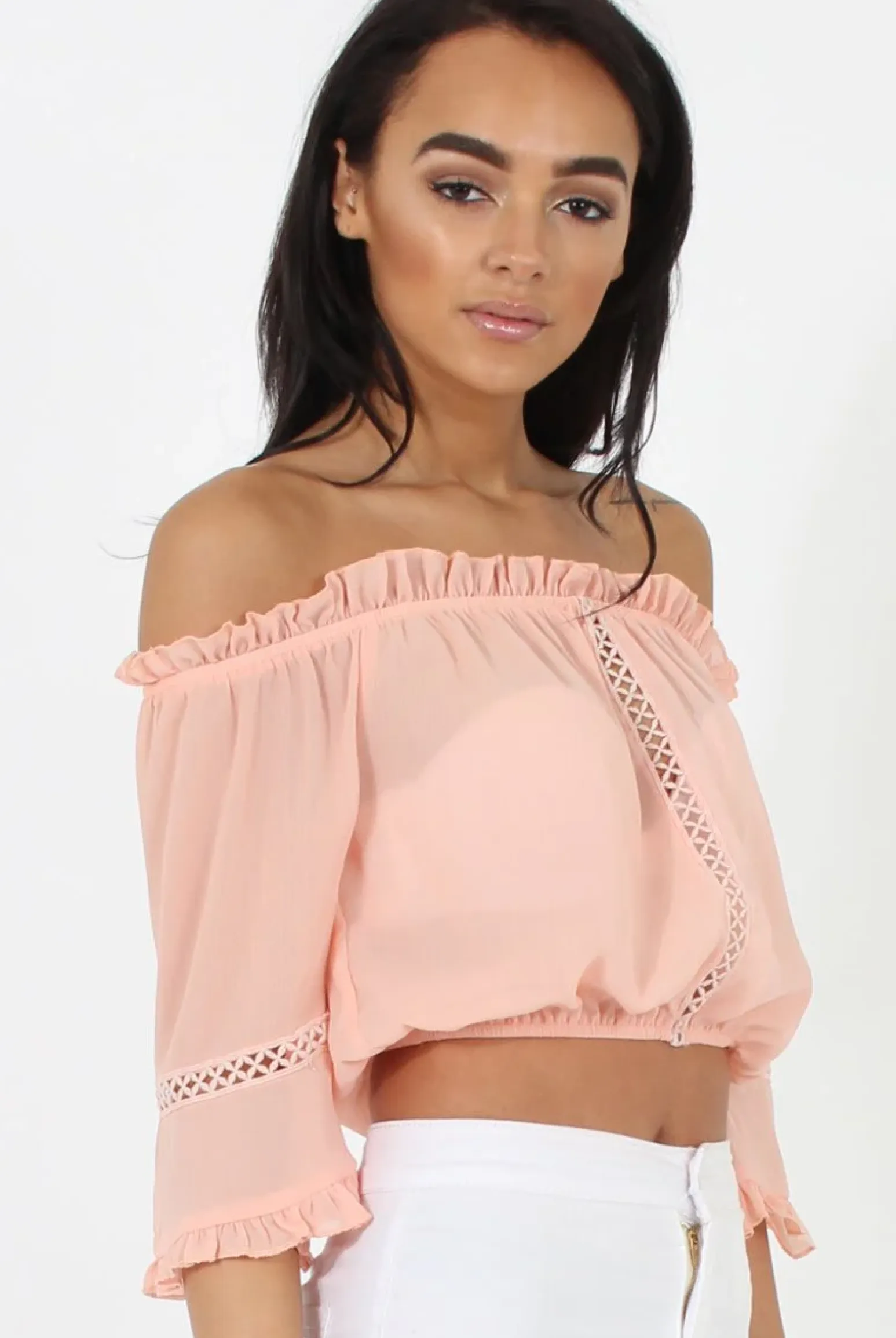 Rebellious Fashion Coral Bardot Crochet Detail Crop- Bernie