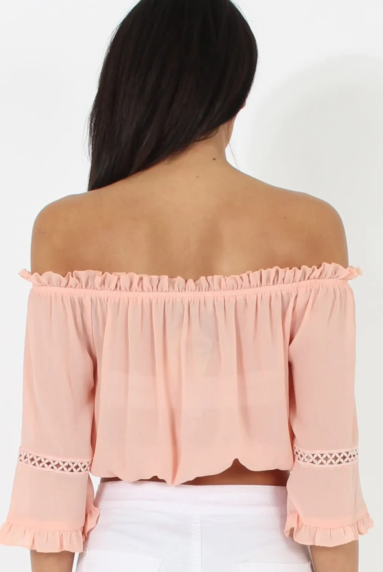 Rebellious Fashion Coral Bardot Crochet Detail Crop- Bernie