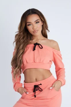 Rebellious Fashion Coral Drawstring Crop Top and & Joggers Set - Giavana