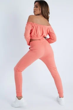 Rebellious Fashion Coral Drawstring Crop Top and & Joggers Set - Giavana