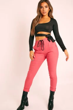 Rebellious Fashion Coral Drawstring Waist Trousers - Maddi