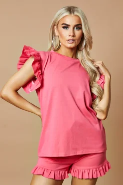 Rebellious Fashion Coral Frill Detail Top & Shorts Co-Ords Set - Keiko