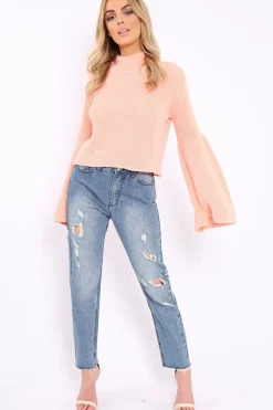 Rebellious Fashion Coral High Neck Flared Sleeve Jumper - Aloni