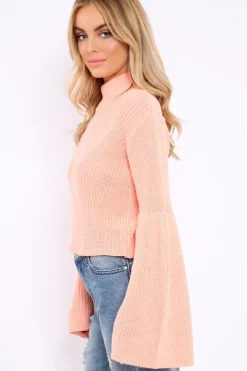 Rebellious Fashion Coral High Neck Flared Sleeve Jumper - Aloni