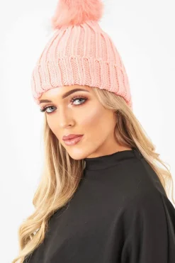 Rebellious Fashion Coral Knitted Bobble Hat - Rorey
