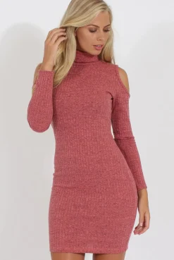 Rebellious Fashion Coral Knitted Cold Shoulder Turtleneck Dress - Sherri