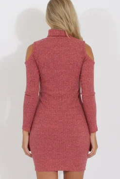 Rebellious Fashion Coral Knitted Cold Shoulder Turtleneck Dress - Sherri