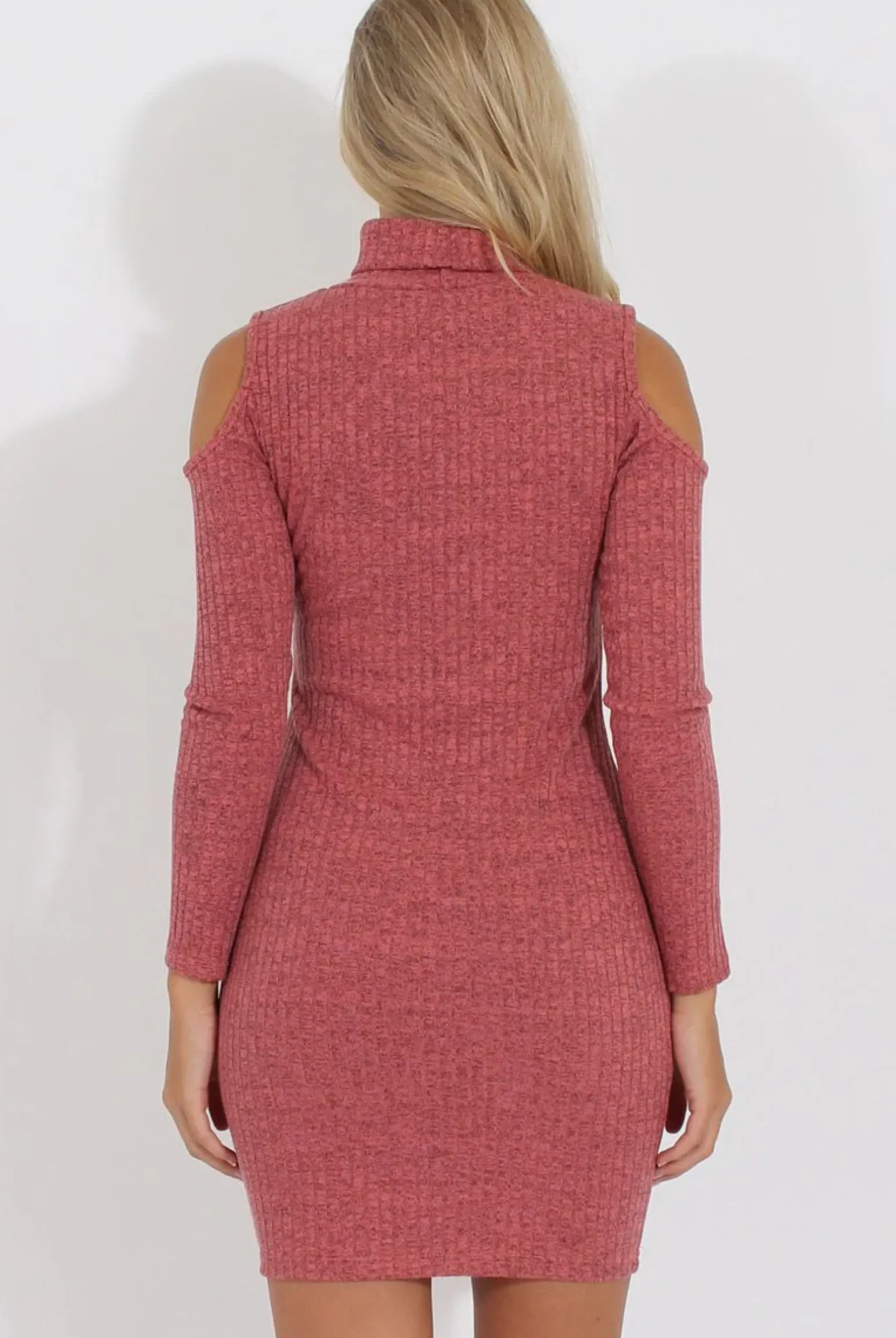 Rebellious Fashion Coral Knitted Cold Shoulder Turtleneck Dress - Sherri