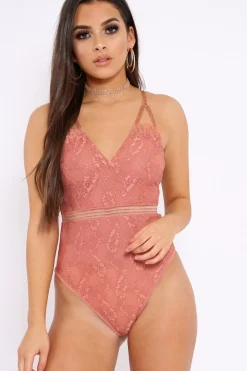 Rebellious Fashion Coral Lace Open Back Bodysuit - Naomie