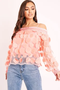 Rebellious Fashion Coral Layered Applique Mesh Insert Blouse - Jadelynn