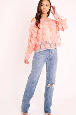 Rebellious Fashion Coral Layered Applique Mesh Insert Blouse - Jadelynn