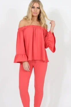 Rebellious Fashion Coral Off The Shoulder Co-ord - Lydia