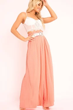 Rebellious Fashion Coral Plisse Frill Waist Wide Leg Trousers - Otta