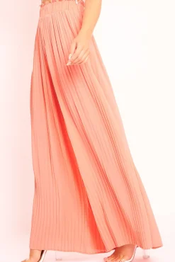 Rebellious Fashion Coral Plisse Frill Waist Wide Leg Trousers - Otta