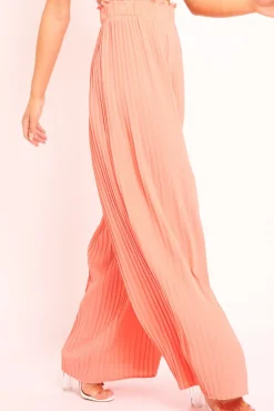 Rebellious Fashion Coral Plisse Frill Waist Wide Leg Trousers - Otta